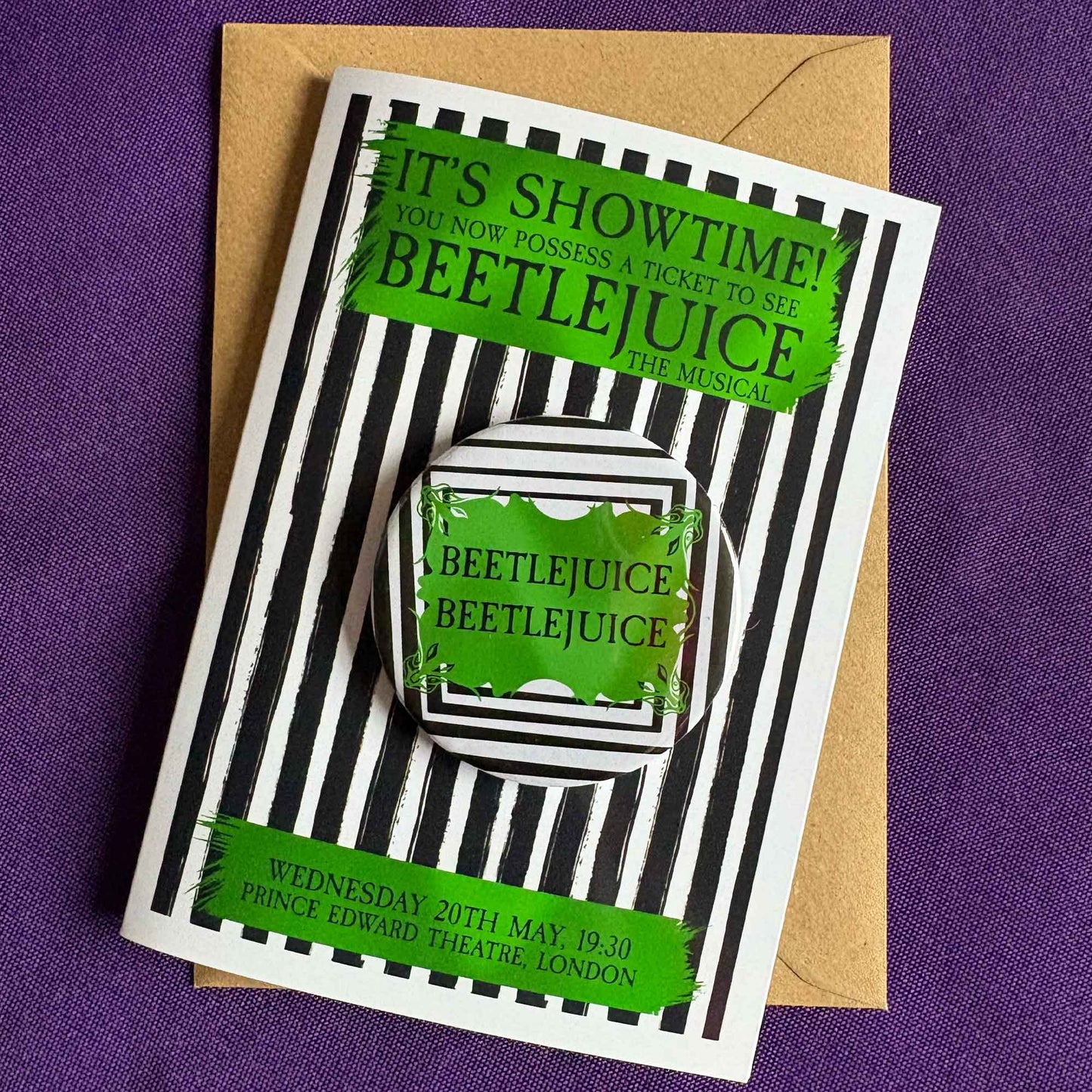 Beetlejuice Reveal Card & Badge / Beetlejuice Greeting Card